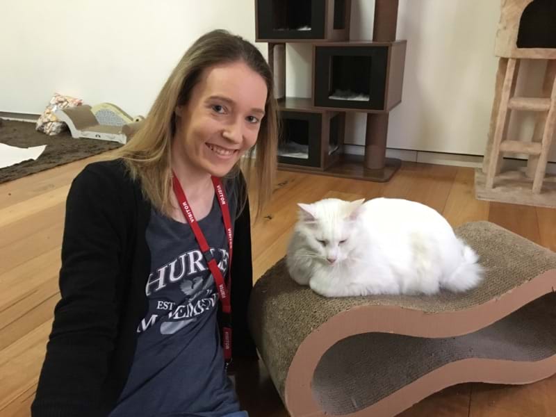 Briony sitting with a white cat at the cat cafe.