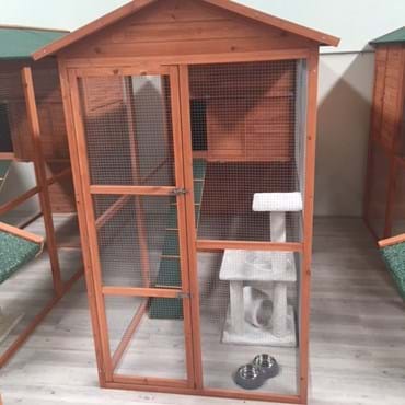 Front photo of a medium cat boarding suite.