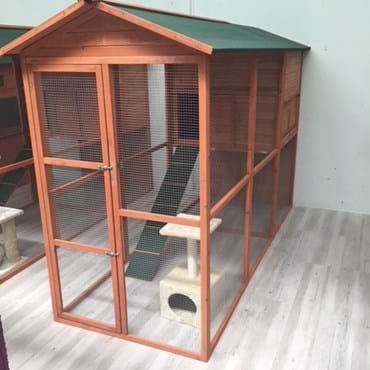 Front and side photo of a medium cat boarding suite.